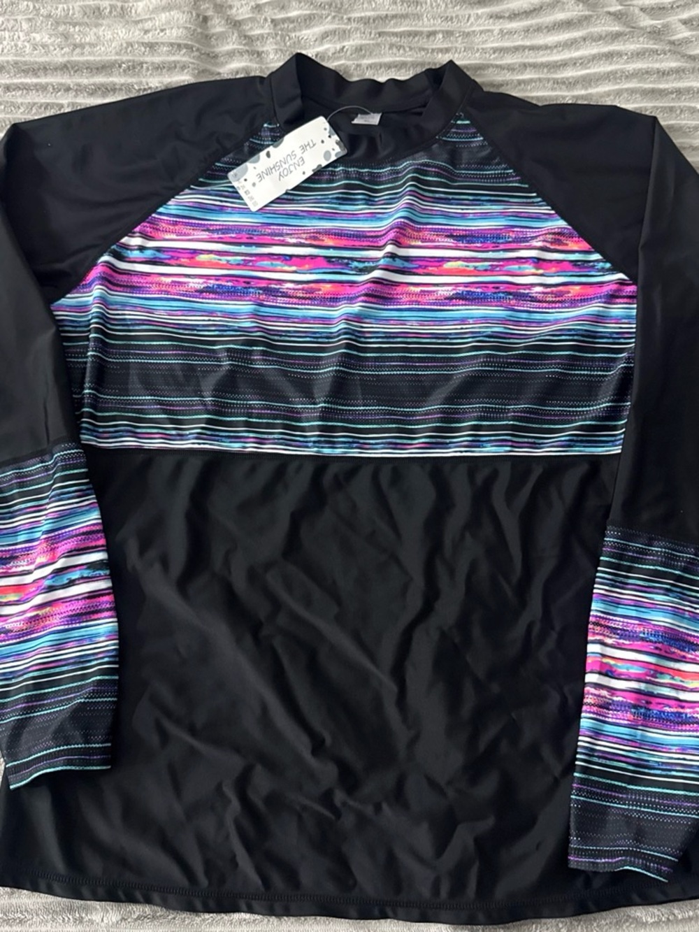 Long-Sleeve Black Swim Coverup with Multicolor Stripe Panel UPF 50